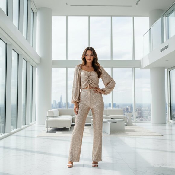 $495 SIMKHAI sequin ruched front top champagne amazing! S - Picture 4 of 10